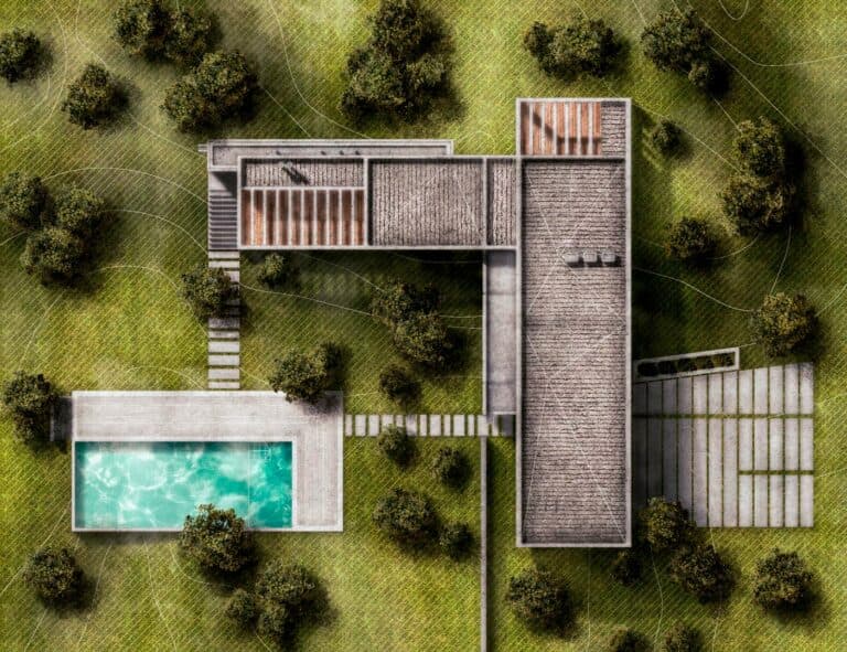 Representación realista por Ximena Calderón, de una vista de techo de la Casa Kubasz de Estudio Galera